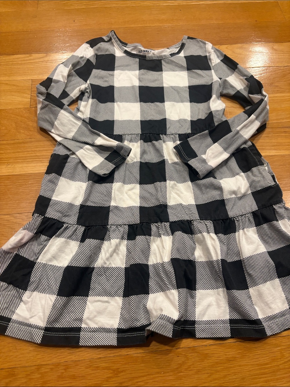 Old Navy Black and White Buffalo Check Tiered Long-Sleeve Dress
